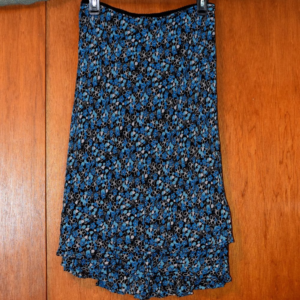 Madison & Max Asymmetrical Ruffle Floral Midi Skirt, Size 12 Turquoise and Black